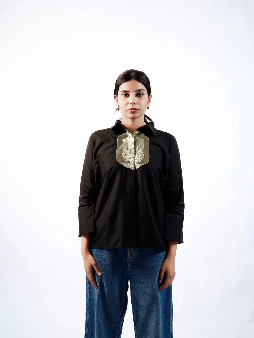 Satin Silk Patched Shirt(Black)