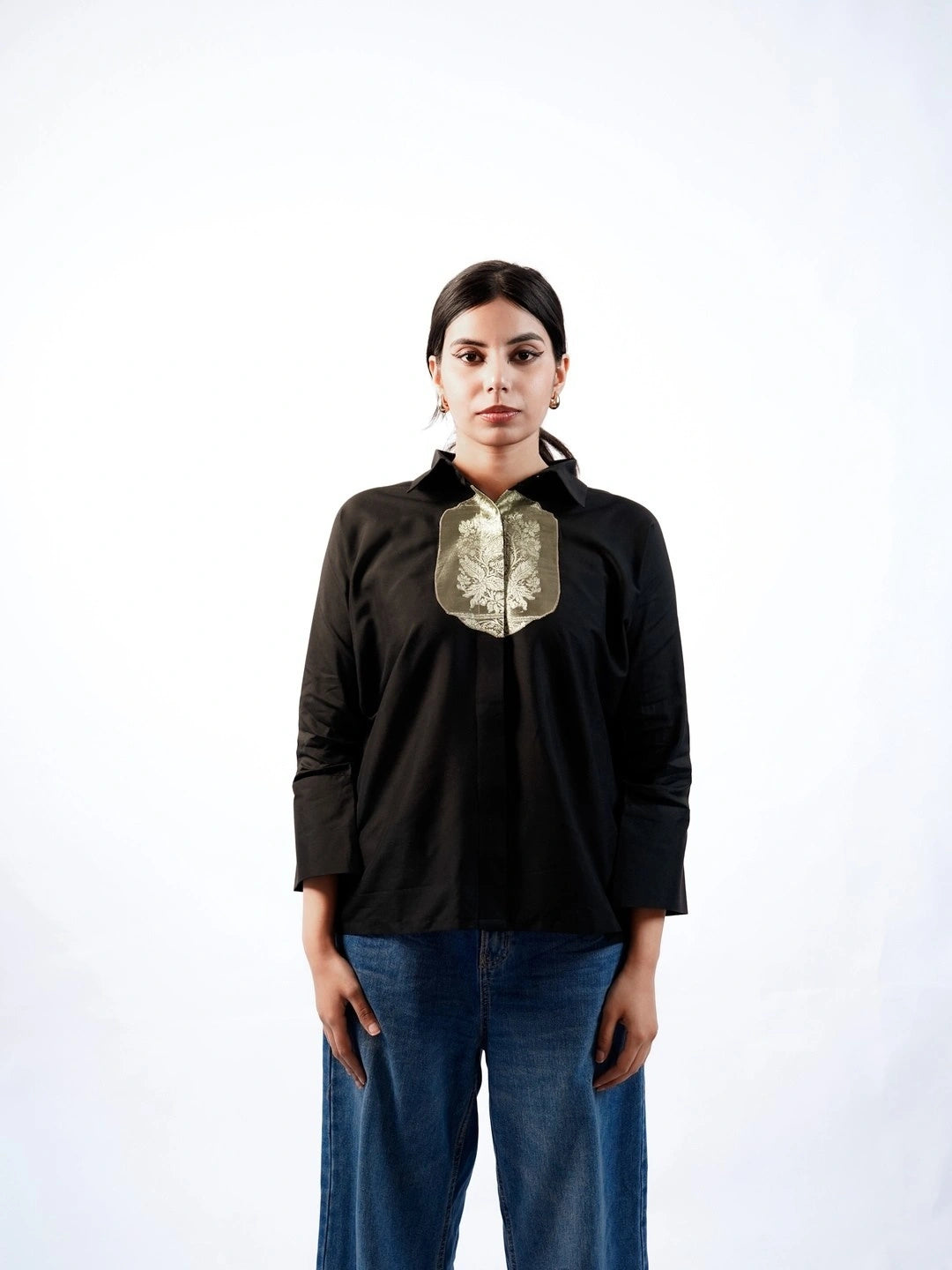 Satin Silk Patched Shirt(Black)