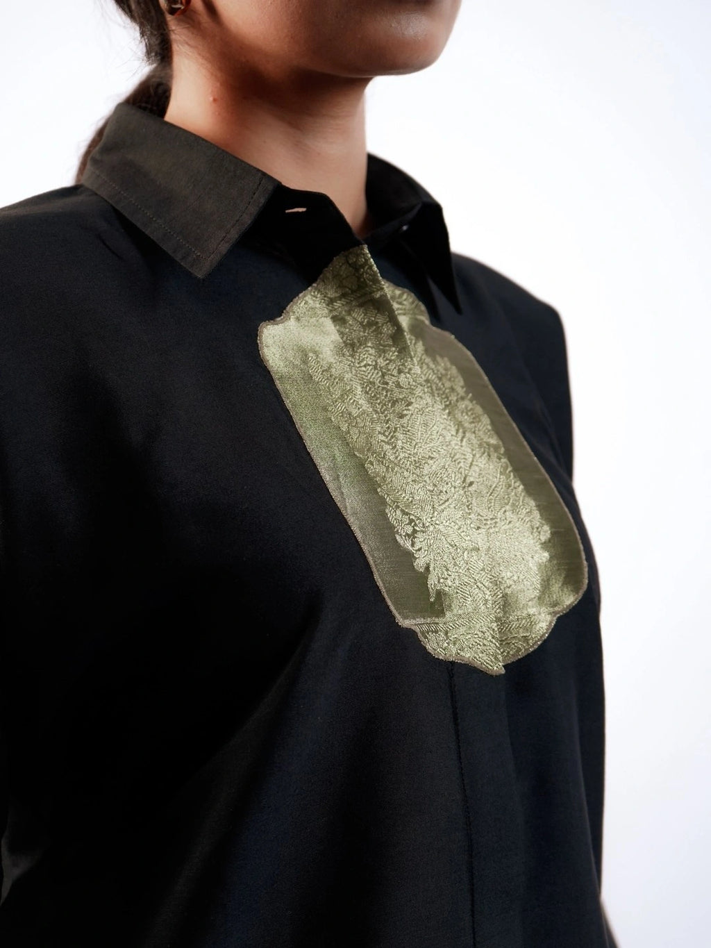 Satin Silk Patched Shirt(Black)