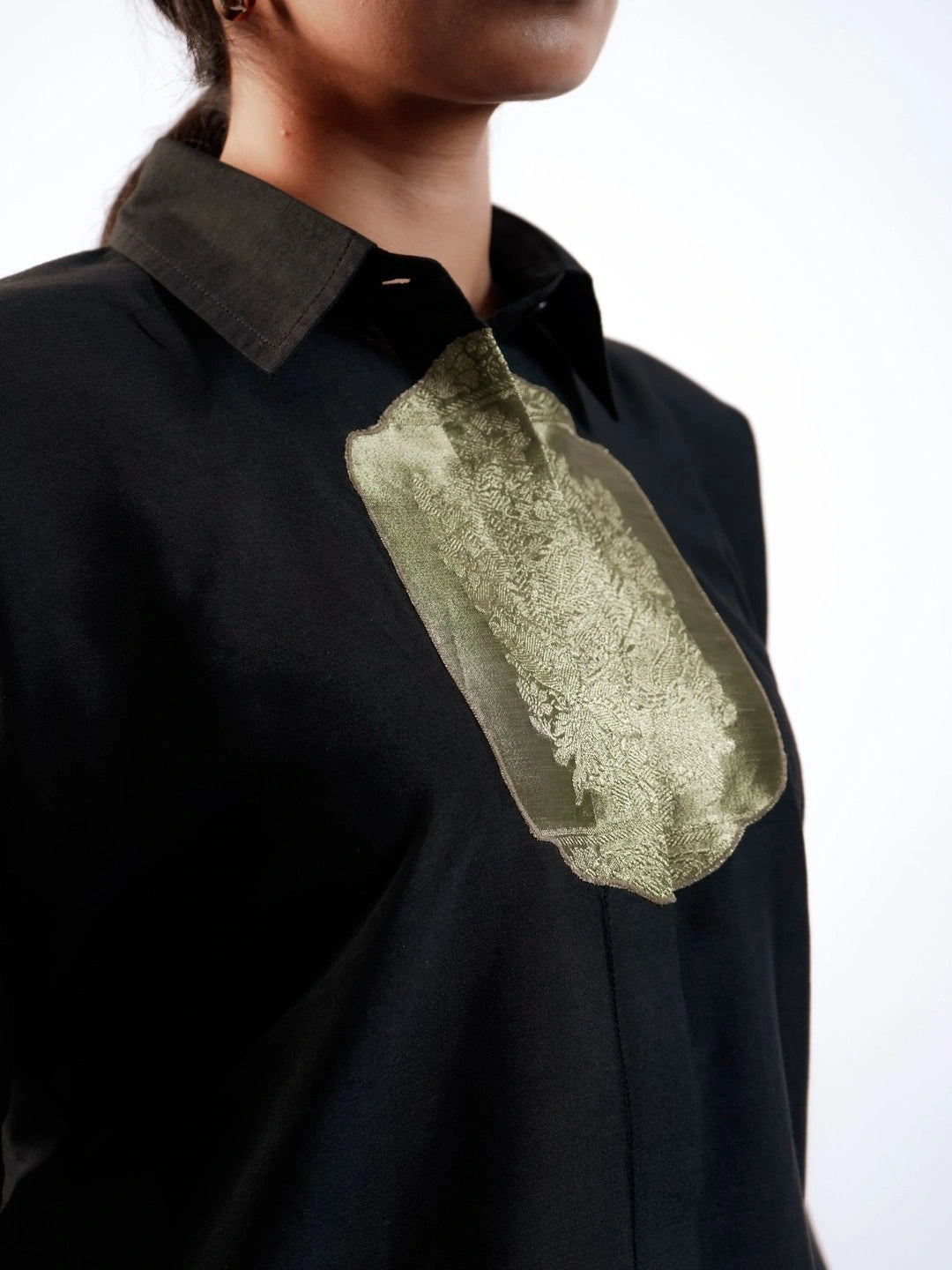 Satin Silk Patched Shirt(Black)