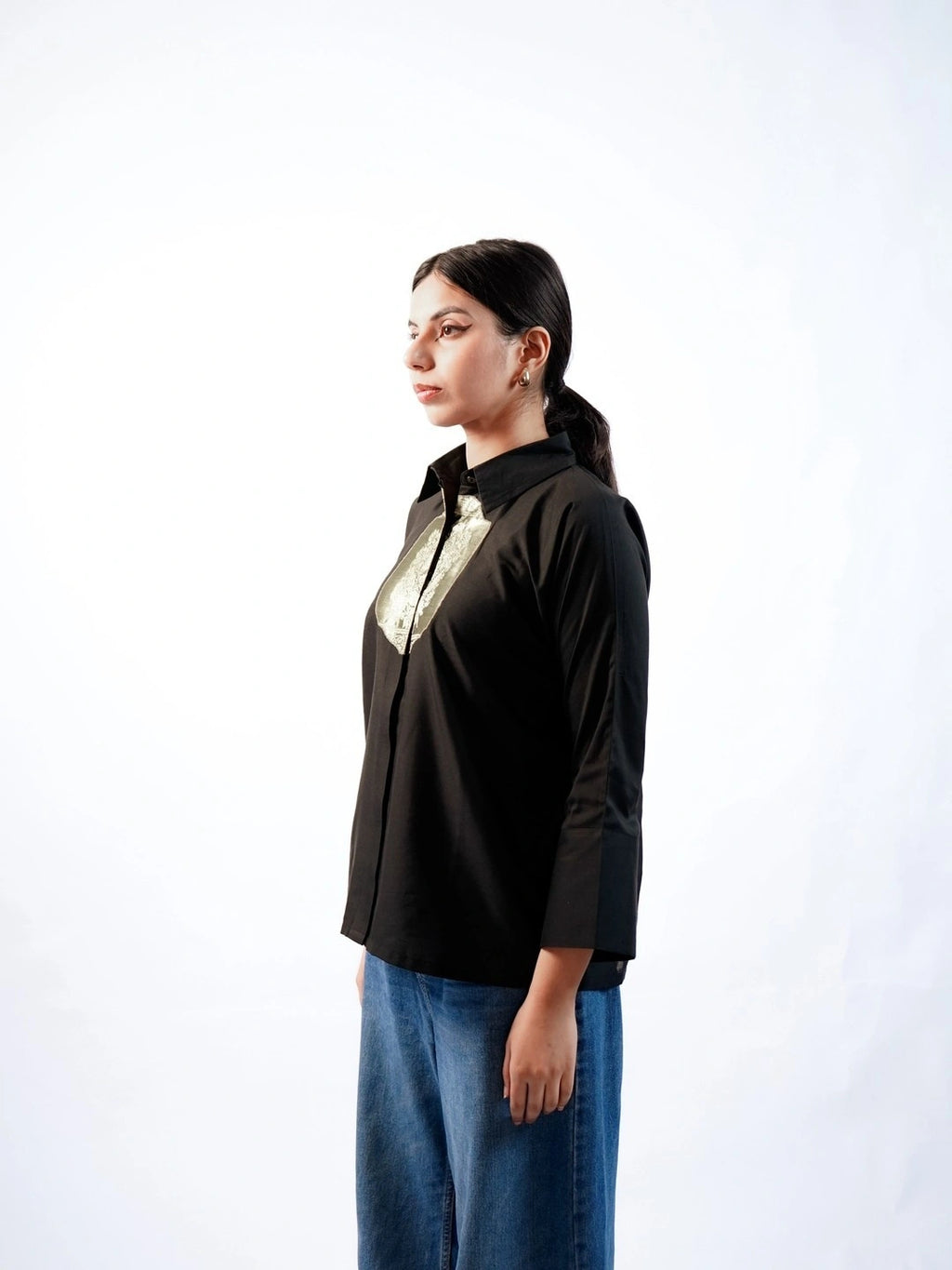 Satin Silk Patched Shirt(Black)