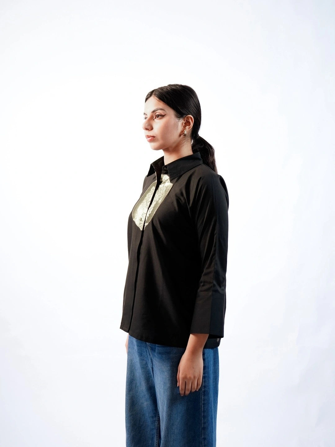 Satin Silk Patched Shirt(Black)
