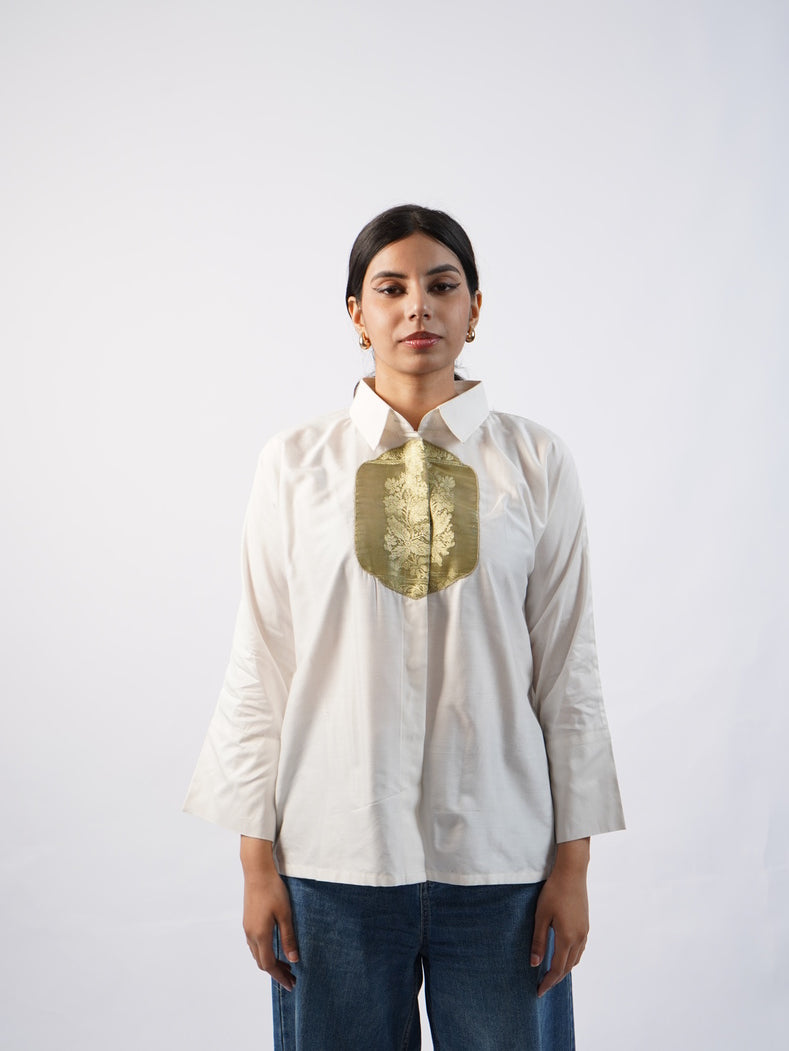 Satin Silk Patched Shirt(White)