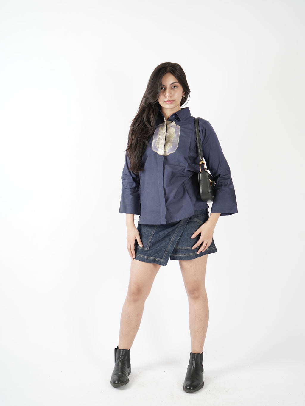Silk Patched Shirt (Navy Blue)