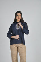Silk Patched Shirt (Navy Blue)