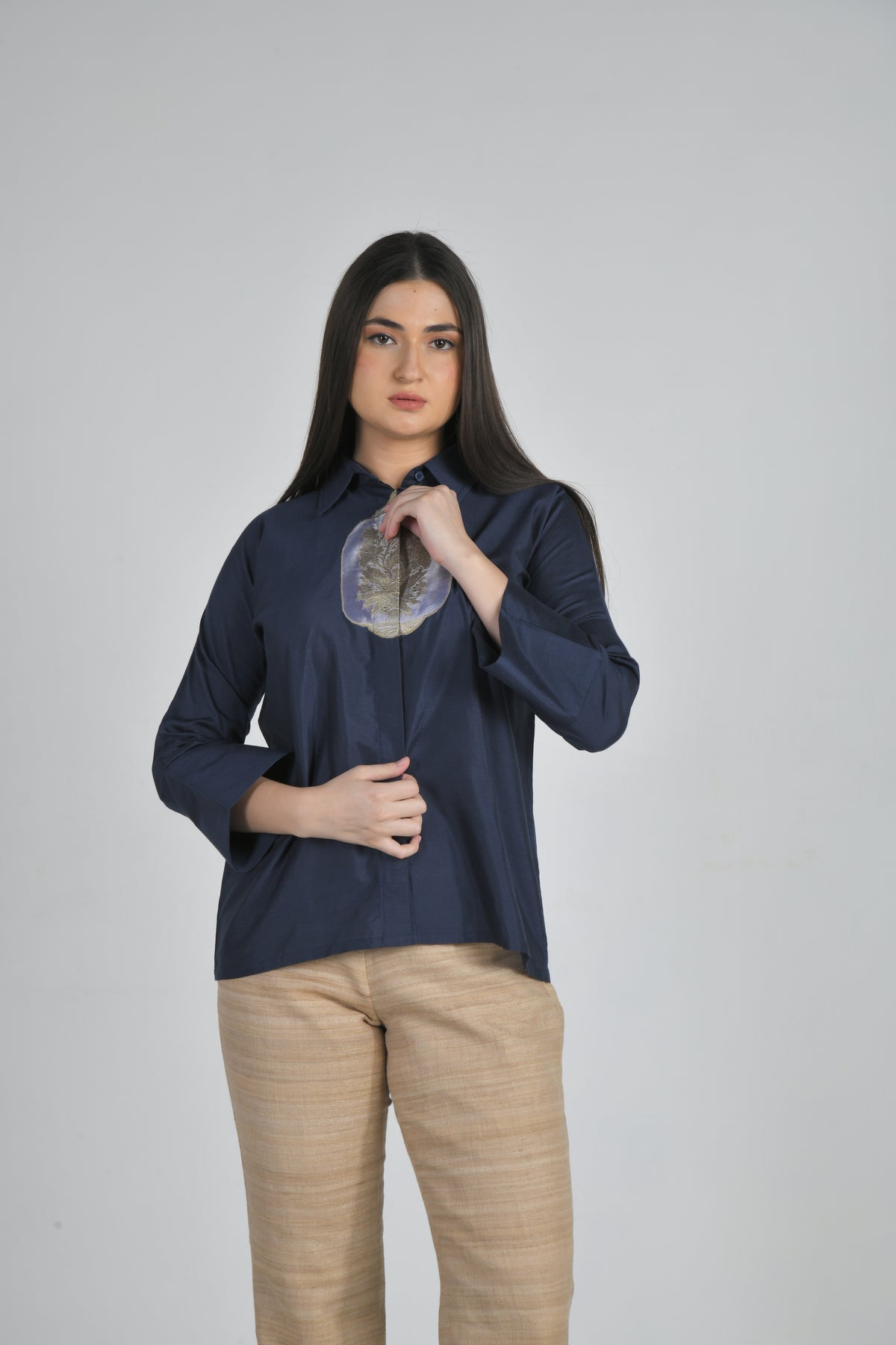 Silk Patched Shirt (Navy Blue)