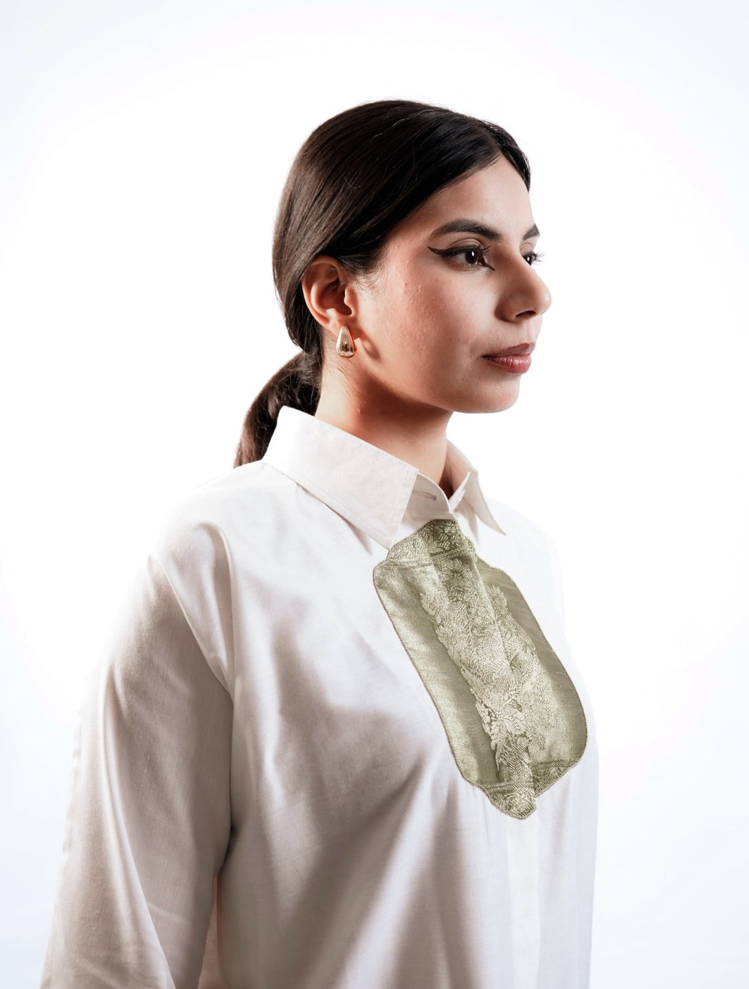 Satin Silk Patched Shirt(White)