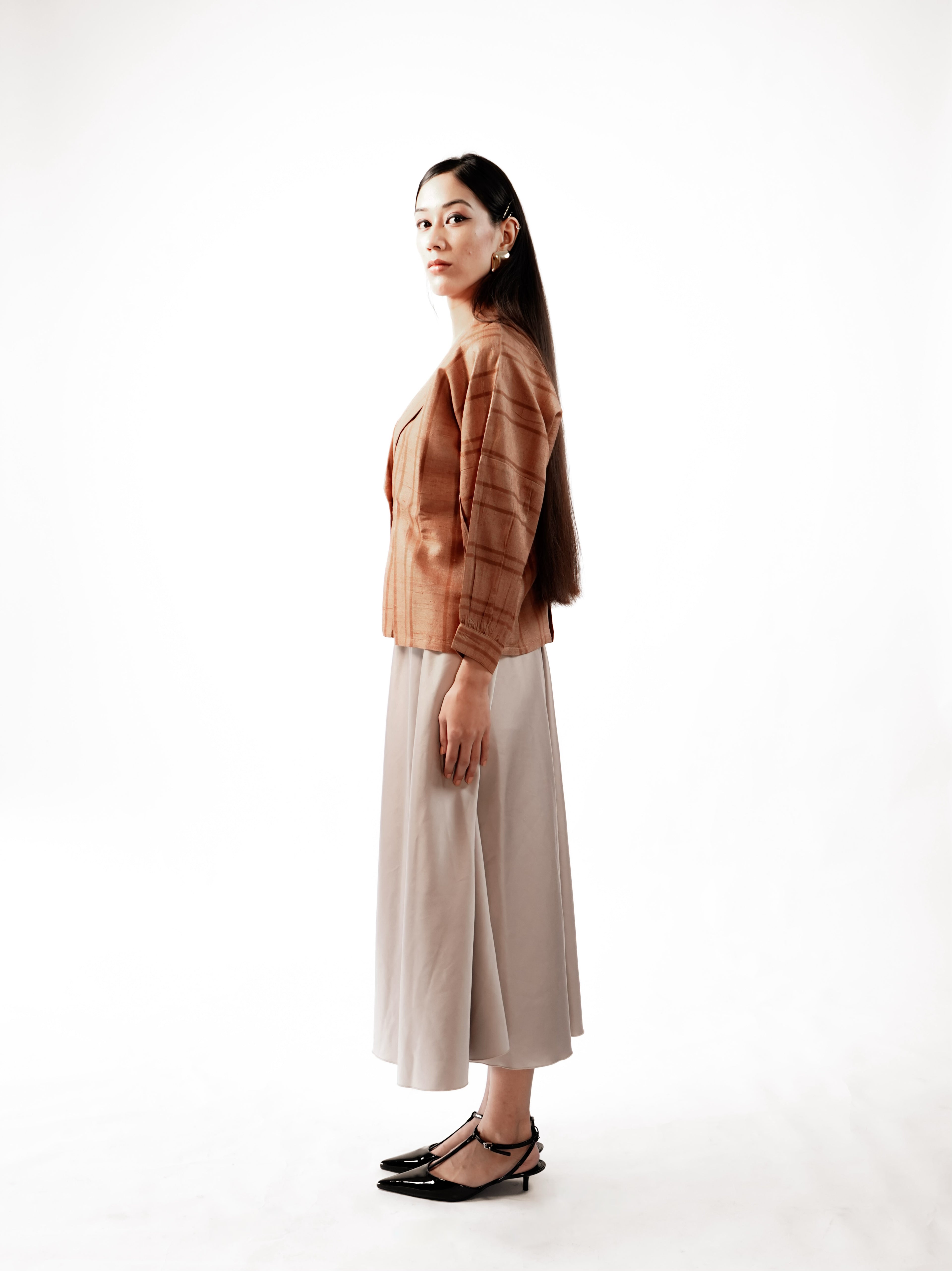 Rust Raw Silk Pleated Top