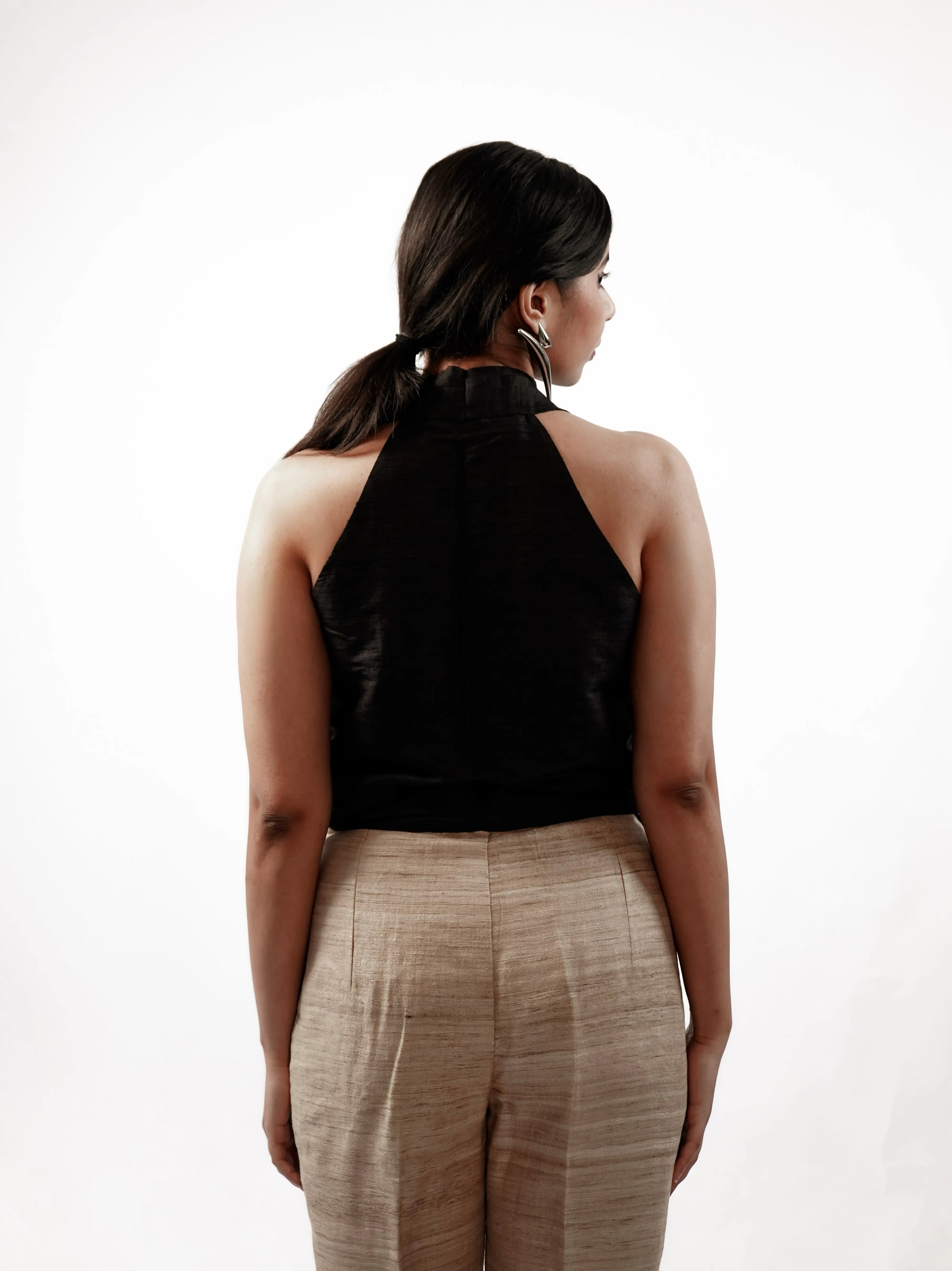 Raw Silk Wrap Halter Neck Top