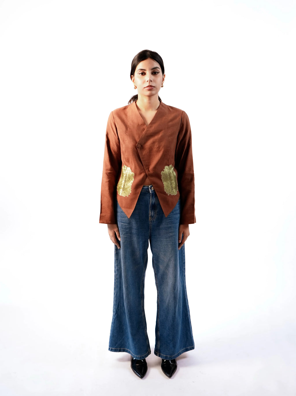 Ribbed Silk Cropped Blazer with patched  pockets