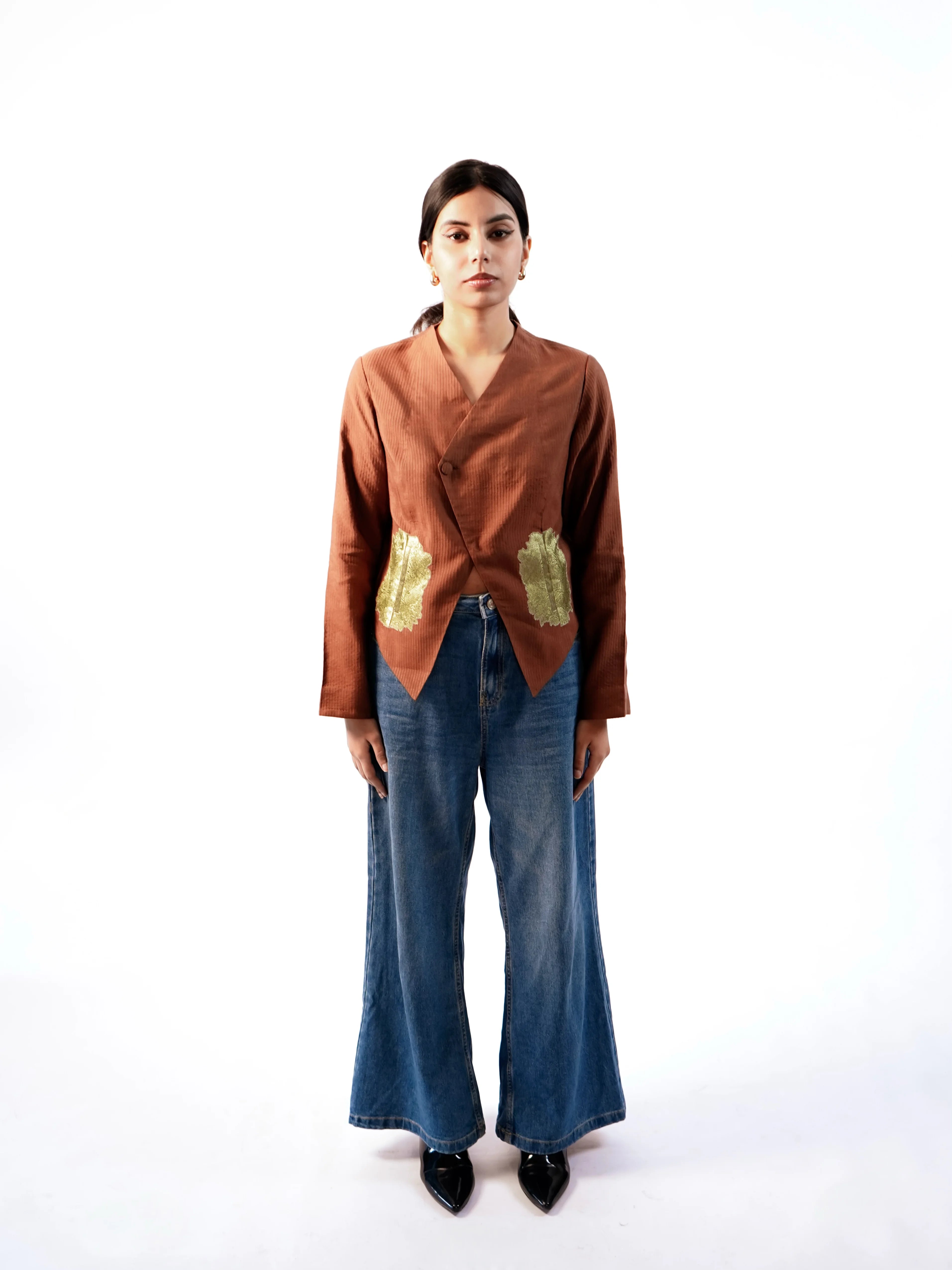 Ribbed Silk Cropped Blazer with patched  pockets