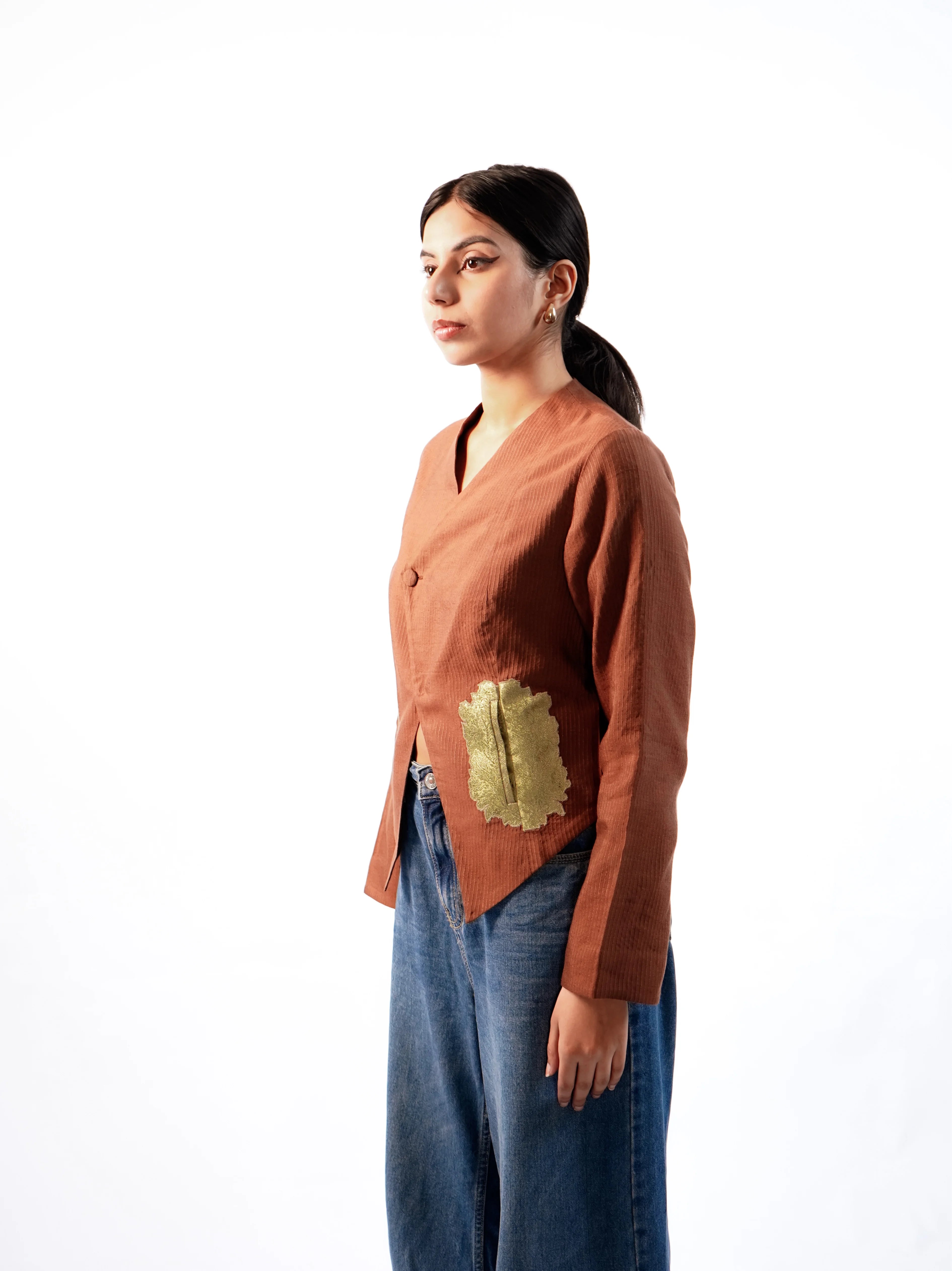 Ribbed Silk Cropped Blazer with patched  pockets