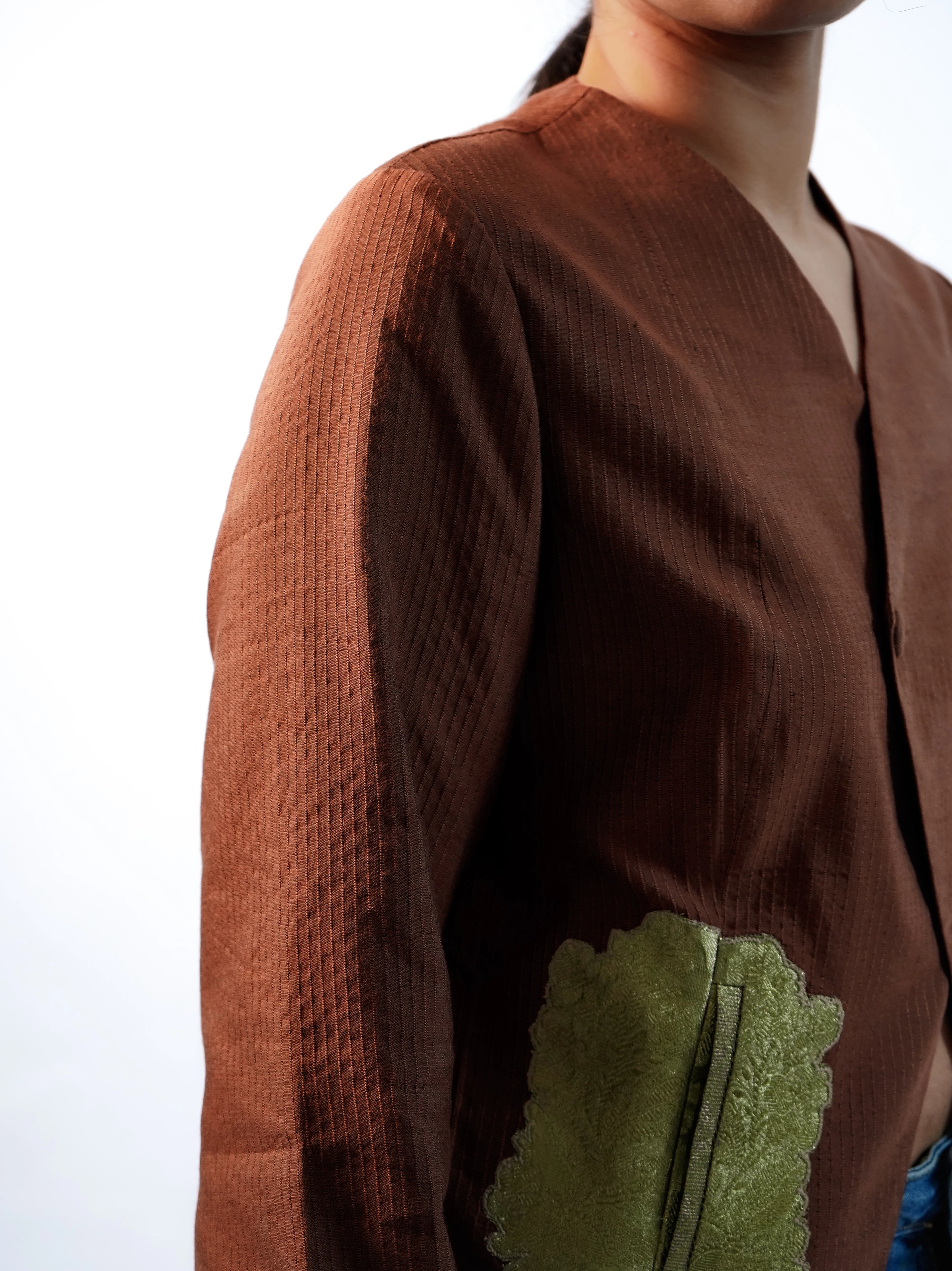 Ribbed Silk Cropped Blazer with patched  pockets