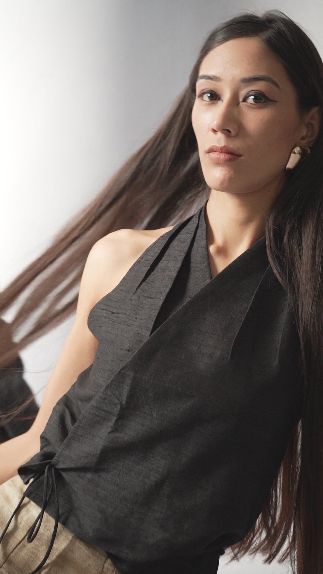 Raw Silk Wrap Halter Neck Top